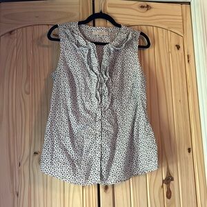 Loft Sleeveless Ruffle Front Blouse in White with Black Dot Print